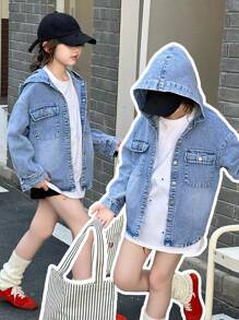 SHEIN Genkimix Kids Denimly Tween Girls Preppy Casual Daily Urban Street Loose Denim Hoodie, Comfortable All-Match Casual Versatile Fall Winter