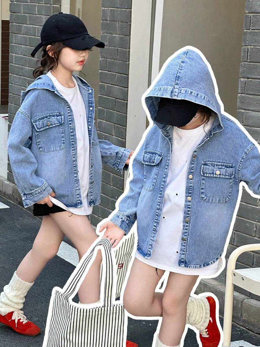 SHEIN Genkimix Kids Denimly Tween Girls Preppy Casual Daily Urban Street Loose Denim Hoodie, Comfortable All-Match Casual Versatile Fall Winter