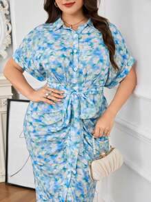 Modelyn Plus Size Women Summer Holiday Floral Printed Batwing Sleeve Belt Pleated Fitted Shirt Dress