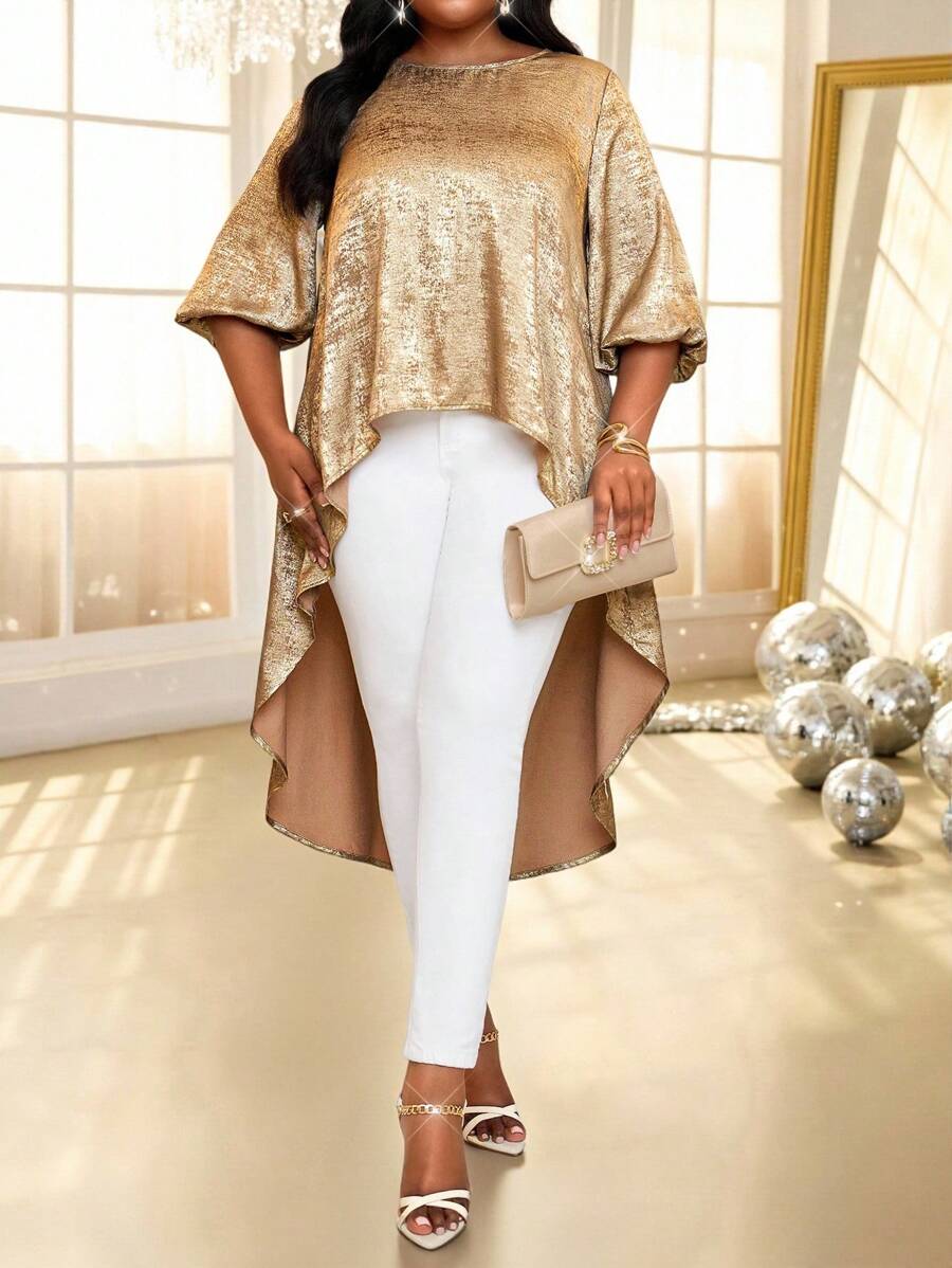 SHEIN Lady 春夏优雅通勤办公休闲金色编织圆领高低摆七分袖大码T恤衫 大码衬衫 外出女装夏季上衣 夏季女装 夏季上衣 女士夏季上衣 夏季外出上衣 女士夏季外出上衣 女士上衣 夏季
