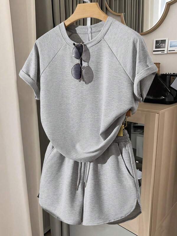 INAWLY 2pcs Women Casual Raglan Sleeve Loose Fitting Short Sleeve Set