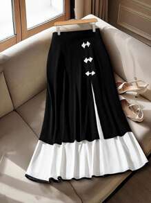 Regalyn Plus Size Women's Button Design Black & White Contrast Color Elegant High-Quality Black Button Patchwork Elegant Party & Outdoor Slim Fit Skirt, Business Casual Summer Women Clothing