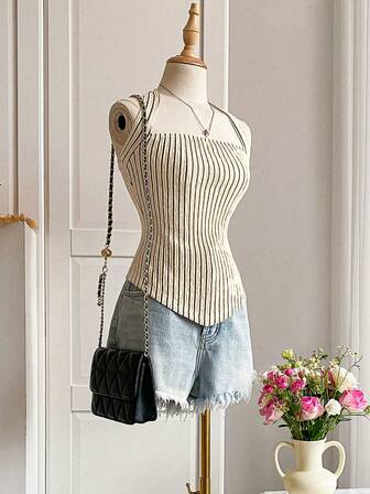 Cévolie 女式夏季无袖露背条纹短款上衣，街头风格