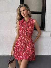 Pariaura 法式优雅梭织V领无袖修身夏季新款女士印花连衣裙 - 紅色 - 查看 5