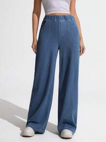 Flexra Women's Casual Street Elastic Waist Loose Fitting Wide Leg Jeans With Side Pockets