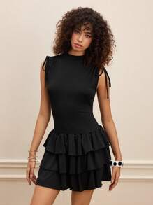 SHEIN MOD Women's Black Multi-Layer Cake Shoulder Drawstring Sleeveless Mini Dress - Black - View 7