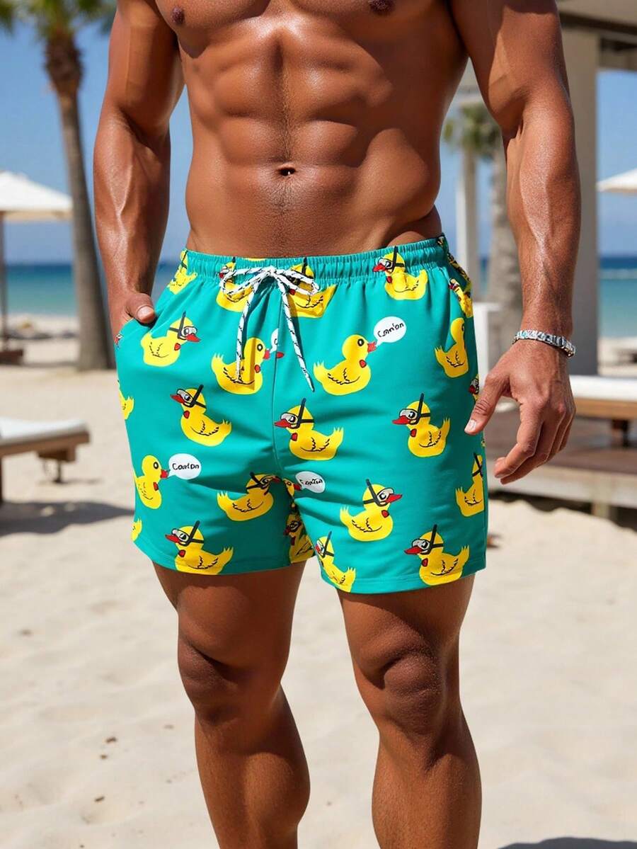 Manfinity KASUA Men's Letter & Cartoon Duck Print Drawstring Waist Beach Shorts - Black - View 1