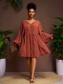 Slaydiva Casual, Versatile, Loose Fit, Vacation, Cruise Travel, Beach Wear Women Plus Size Front Button Tie Sleeve A-Line Dress - Brown - View 6