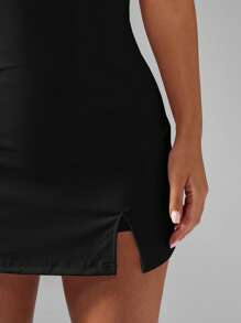 MISSGUIDED Stretch Mini Dress Built In Shorts Club Party Night Out Spaghetti Strap Backless Split Bodycon Dress - Black - View 7