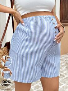 SHEIN Pregnant Women Relaxed Holiday High Waist Striped Shorts - Blue - View 3