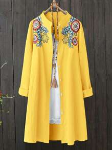 Linhara Plus Size Women Embroidered Long Cardigan Shirt, Spring Autumn New Style Fall Cloth For Women - Yellow - View 1