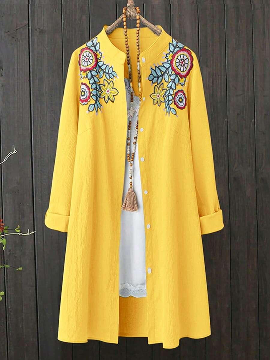 Linhara Plus Size Women Embroidered Long Cardigan Shirt, Spring Autumn New Style Fall Cloth For Women - Yellow - View 1