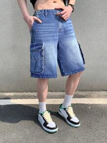 SHEIN Teen Boy Fashion Casual Blue Multi-Pocket Tooling Design Loose And Wide Legs Comfortable Short Jeans For Teen Boy Clothes Boys Costume Dailywear And Teen Boy Summer And Spring Clothes