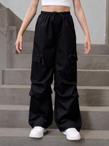 SHEIN Pantalones holgados informales de carga de estilo llamativo con bolsillos de cinta de contraste de color para niñas preadolescentes