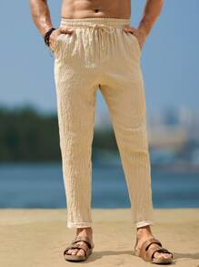 Manfinity RSRT Quần ống côn đơn sắc thắt eo túi đơn giản cho nam - Màu Khaki - Xem 3