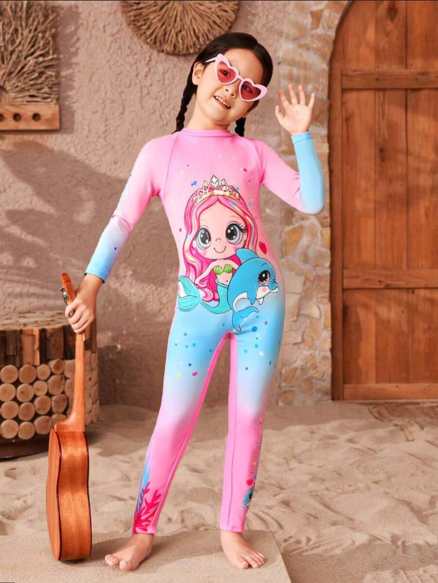 Sparklyn Young Girls Mermaid Print One-Piece Swimsuit With Long Sleeve & Pant, Beach Holiday - Multicolor - View 1