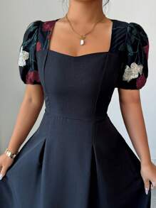 Elenzga V-Neck Puff Sleeve Embroidered Cinched Waist Pleated Women Dress - Black - View 6