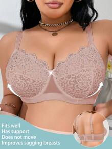 SHEIN Plus Size Embroidery Patchwork Underwire Bra - Apricot - View 3