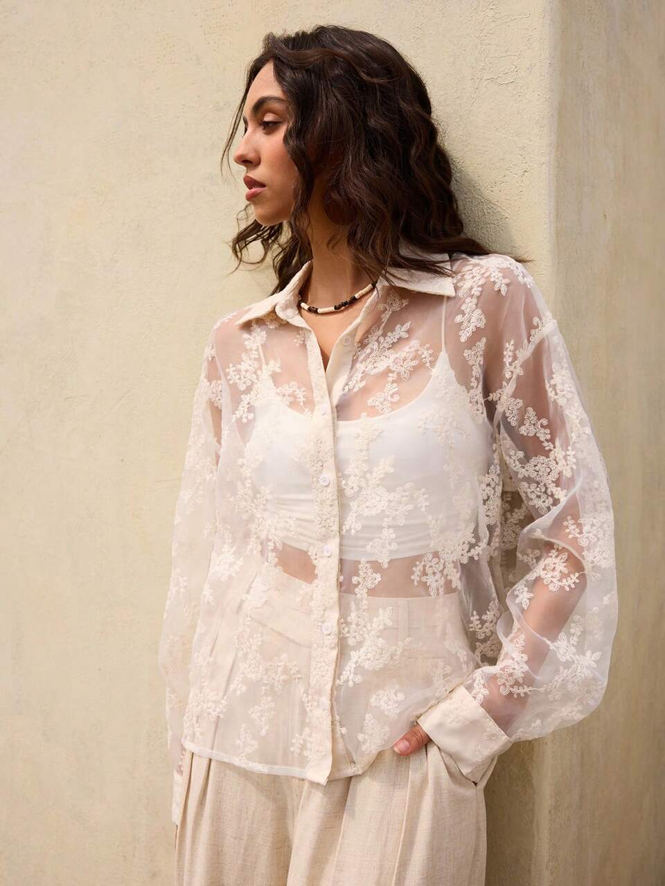 Women's Loose Lace Trim Vacation-Style Long Sleeve Blouse, Spring/Summer
