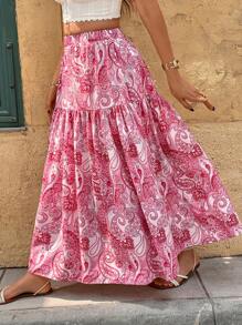 SHEIN VCAY 大码女式腰果印花荷叶边下摆休闲半身裙，度假风格 - 彩色 - 查看 5