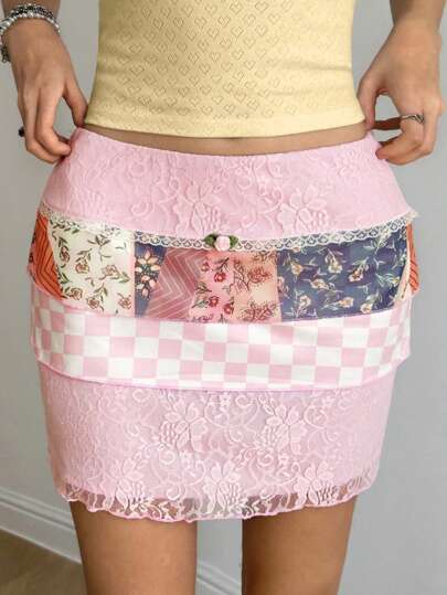Jouncy Women's Elegant Checkered & Patchwork Print Lace Panel Skirt, Summer