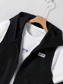 SHEIN 3 chiếc Tween Boy Áo vest đen có mũ, quần và áo phông trắng Bộ trang phục thường ngày - màu đen - Xem 7