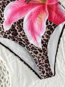 SHEIN Tween Girl Leopard Print & Floral Casual Vacation One-Piece Swimsuit