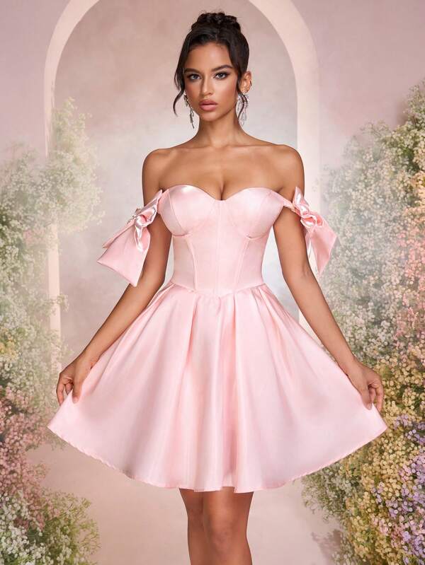 Lovelzi Elegante y lujoso vestido romántico de satén brillante con hombros descubiertos, manga abullonada exagerada con gran moño, falda con volante plisado, adecuado para fiesta de noche, boda, gala