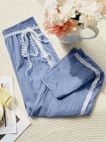Mulvari Solid Color Contrast Lace Trim Textured Straight Leg Pants For Spring/Summer Fall Cloth For Women - Blue - View 2