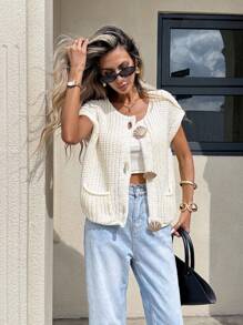 Serisse Women's Cream White Elegant Loose Coarse Knit Vest Sweater Cardigan,Autumn Vacation Metal Shell Decoration Patch Pocket Solid Color Casual Tops - Beige - View 7