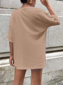 SHEIN Cottnline 100%Cotton WHITE OVERSIZE T-SHIRT WITH EMBROIDERY HEART DETAİL - Beige - View 3