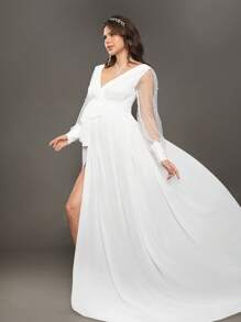 SHEIN 孕妇拍照装，长袖针织毛衣上衣搭配雪纺蝴蝶结高开衩长裙，适合婴儿洗礼和派对 - 白色 - 查看 4