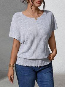 SHEIN LUNE 大码女式不对称罗纹收腰圆领T恤 - 灰色 - 查看 3