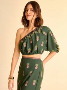 CAJUNI 2pcs/Set Printed Lantern Sleeve Top And Slit Hem Skirt - Multicolor - View 4