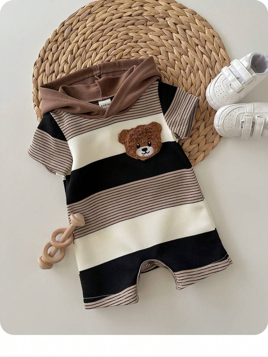 Newborn Baby Boy Cute Summer Knit Patchwork Striped Bear Pattern Hooded Romper - Multicolor - View 1