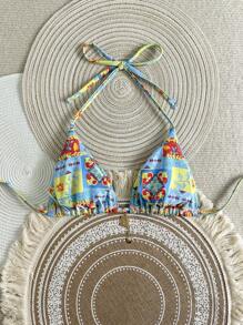 Swim Mod Retro Printed String Tie Triangle Bikini Top, Women Summer Swimwear - Multicolor - View 2