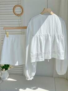 Comfortcana Conjunto casual de 2 piezas con camisa blanca de encaje tejido y pantalones cortos - Blanco - Ver 3