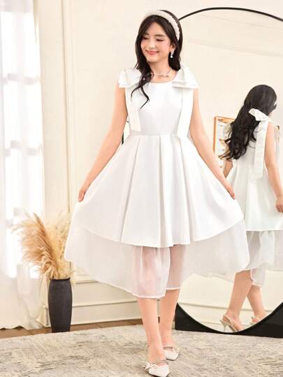 SHEIN 少女无袖褶皱双层喇叭裙，配大蝴蝶结装饰，雪纺纯白色伴娘礼服