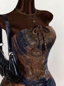 Amplova Bộ 2 món: Áo crop top hở lưng có dây rút và chân váy mini bó sát xếp nếp - Nhiều màu - Xem 4