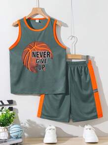 SHEIN Conjunto de 2 piezas con chaleco deportivo holgado y pantalones cortos con contraste para niño preadolescente
