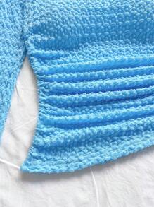 Soleia 浅蓝色纹理针织面料单肩褶皱喇叭袖修身休闲度假上衣，适合女士，波西米亚风，度假，钩针编织，亚麻，纹理 - 淺藍色 - 查看 7