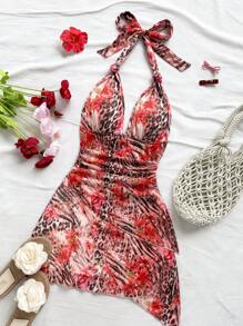 Soleia Abito aderente con scollo a V con stampa animalier e floreale, abito da vacanza, abito da spiaggia, abito da spiaggia con stampa floreale, abito da spiaggia rosso con stampa floreale, può essere indossato dentro o fuori, abito da vacanza per donna