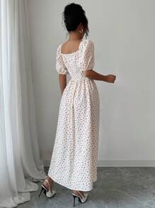 Modelyn French Style Square Neck Puff Sleeve Slimming Chic Women Dress, Summer - Apricot - View 2