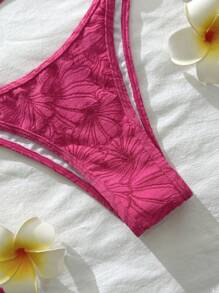 Swim Mod 2 件女式夏季海滩纯紫红色纹理面料细肩带露背短款吊带上衣和高开叉镂空双肩带比基尼泳裤泳衣套装 - 玫紅色 - 查看 4