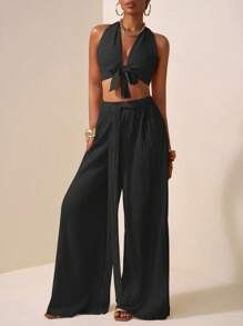 Zivah Conjunto de dos piezas para mujer, estilo nuevo, informal, para vacaciones, citas diarias, playa, fiesta, club, elegante, cuello halter, tirantes, escote en V profundo, diseño de tirantes delanteros y centrales, sin mangas, pantalones extra largos de pierna ancha, color albaricoque.