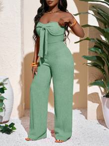 Slaydiva 新款春夏休闲度假性感优雅抹胸蝴蝶结直筒阔腿超长裤橙色针织女式连体裤 - 薄荷綠 - 查看 6