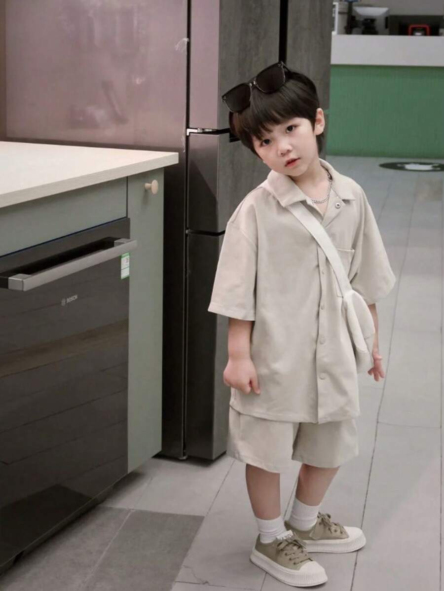 2 件套男童梭织短袖衬衫和短裤,韩版时尚休闲套装 - 杏色 - 查看 1