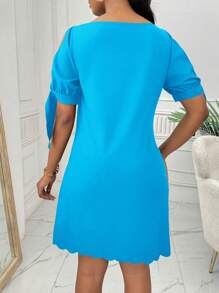 SHEIN Clasi Women's Solid Color Round Neck Split Sleeve Pearl Decor Elegant Dress - Blue - View 2