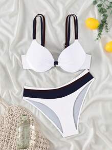 Swim Vcay 2pcs/Set Women Summer Beach Vacation Fashion Solid Push Up Padded Bikini Set Swimsuit