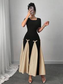 Modelyn Elegant & Romantic Bowknot Design Contrast Panel Long Sleeve Dress For Women, Spring/Summer